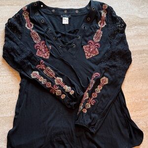 VENUS Black Lace-Up Embroidered Long Sleeve Tunic with Red & Gold Accents
